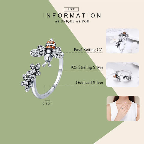 BAMOER 100% 925 Sterling Silver Trendy Bee & Daisy Flower Finger Rings for Women Adjustable Size Valentine Gift Jewelry SCR422