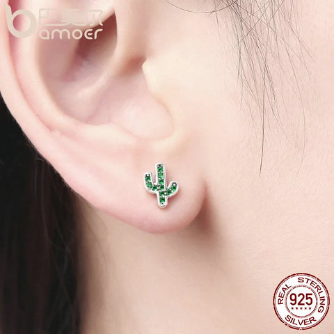 BAMOER Hot Sale 925 Sterling Silver Dazzling Green Cactus Crystal Stud Earrings for Women Authentic Silver Jewelry Bijoux SCE097