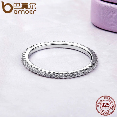 BAMOER Classic 925 Sterling Silver High Quality Circle Clear CZ Geometric Stackable Rings for Women Wedding Jewelry Gift SCR066