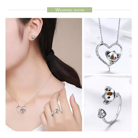 BISAER Real 925 Sterling Silver Jewelry Sets Koala Bear Mom Love Heart Necklace Rings Set Women Jewelry Set Silver 925 Jewelry
