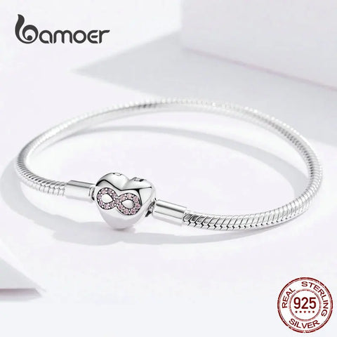 BAMOER Infinity Heart Bracelet Sterling Silver 925 Heart-shape Love Snake Bangle Bracelets 3mm for DIY Fine Jewelry SCB142