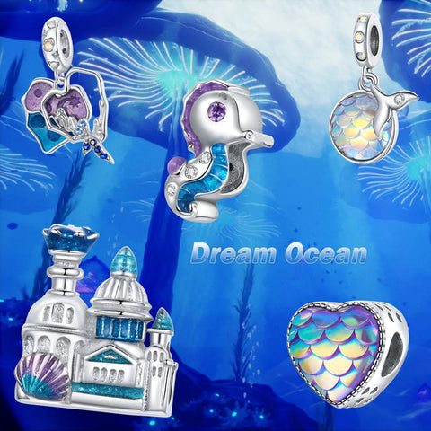 bamoer 925 Sterling Silver Enamel Marine Life Charm Mermaid Sea Horse Fishtail Scale Shell Heart Scaly Bead Castle Charm BSC428