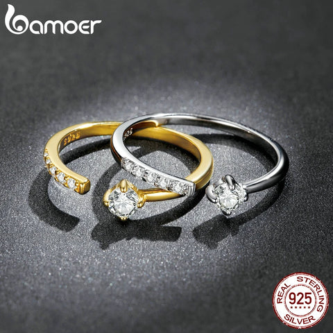 BAMOER Simple 925 Sterling Silver Clear Zircon Band for Women Stackable Jewelry Adjustable Ring