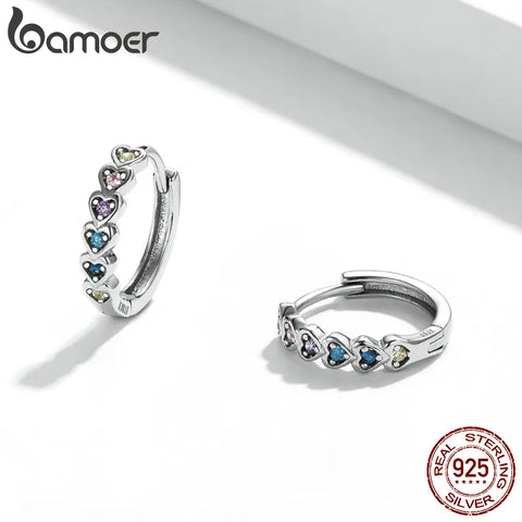 bamoer Heart-Shaped Earrings 925 Sterling Silver Stackable Rainbow Zircon Ear Buckles for Women & Girls Fine Jewelry DIY Gifts