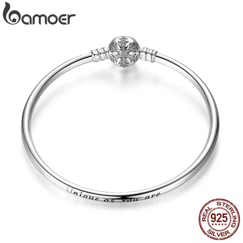 BAMOER Authentic 925 Sterling Silver Engrave Snowflake Clasp Unique as you are Snake Chain Bracelet & Bangle DIY Jewelry PAS915