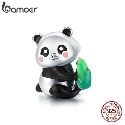 bamoer Silver Animal Cute Panda Cub with Bamboo 925 Sterling Silver Charm Pendant for Original Bracelet Bangle Women SCC1832