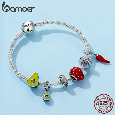 bamoer 925 Sterling Silver Jewelry Green Enamel Avocado Fruit Charm for Original Silver Bracelet 3mm Women Jewelry Making BSC129