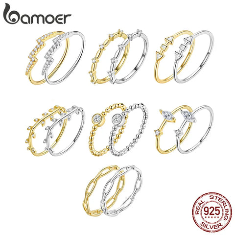 bamoer 925 Sterling Silver Gold Meteor Ring Arrow Stars Rings for Women Orbit Crystal Leaves Lock Chain Mixed Stackable Jewelry