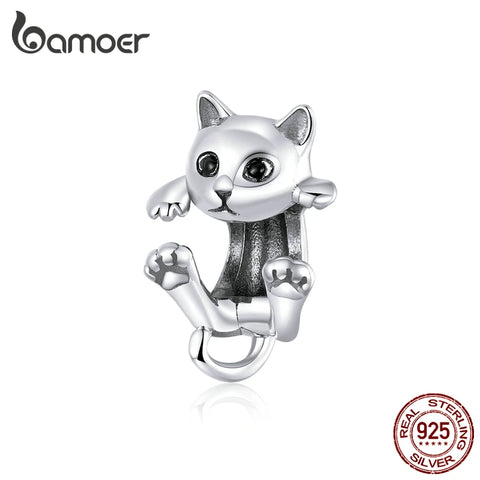 bamoer Authentic 925 Sterling Silver Cute Cat Kitty Animal Beads Charm for Original 3mm Bracelet Bangle Girl Gifts BSC208