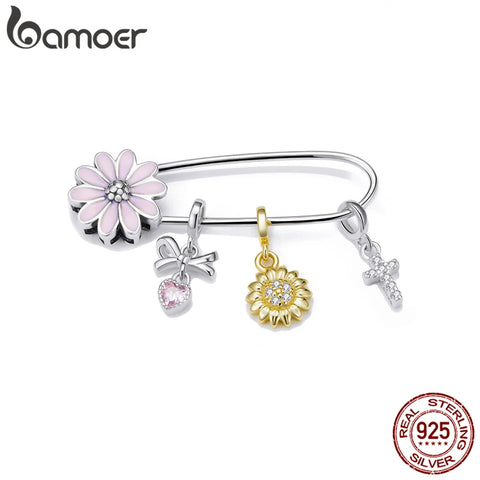bamoer 925 Sterling Silver Small Pendant Love Bow Pink Heart Sunflower Cross Little Daisy Charm fit Brooch Bracelet DIY BSX004