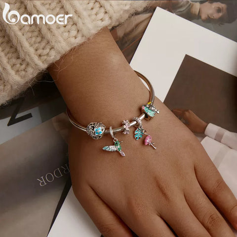 Bamoer 925 Sterling Silver Green Warbler Pendant Colorful CZ Bird Animal Charms Fit Charm Bracelets Bangles DIY Jewelry SCC991