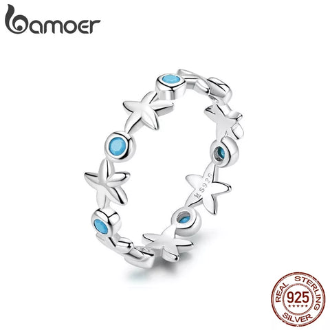 Bamoer 925 Sterling Silver Stackable Starfish Finger Ring Solid Ocean Blue Ring for Women Fine Jewelry Birthday Gift SCR527