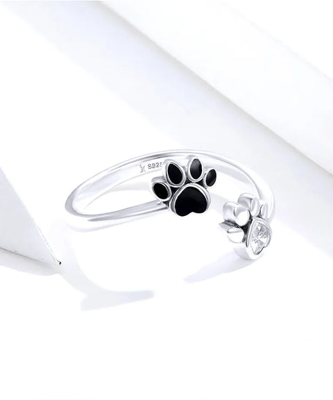 Bamoer 925 Sterling Silver Black Dog Paw Open Ring Zircon Cute Footprint Adjustable Finger Ring for Women Fine Jewelry SCR605