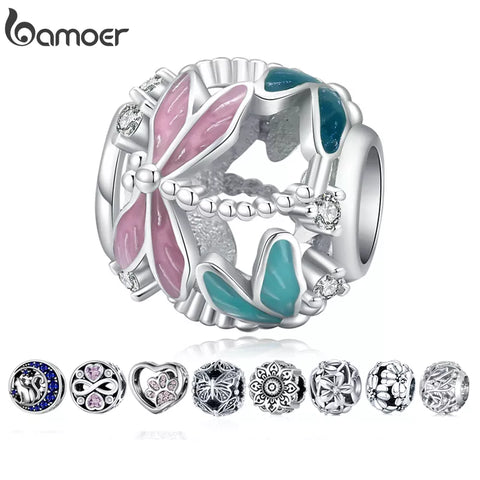bamoer 925 Sterling Silver Dragonfly Openwork  Round Beads for Jewelry Making Charmf for Original Bracelet Bijoux BSC198