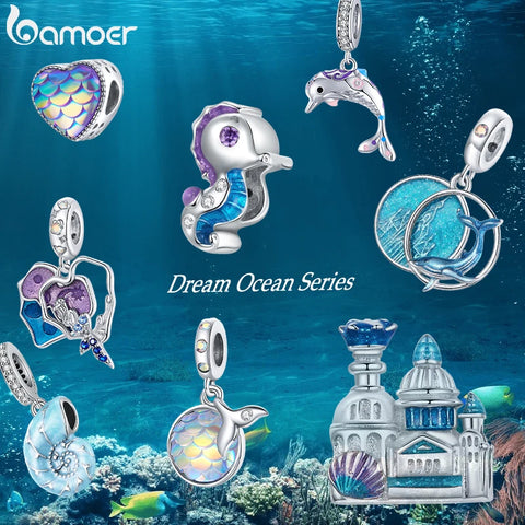 bamoer 925 Sterling Silver Dream Ocean Series Enamel Charms, Mermaid Fishtail Hippocampus Shell Heart Scaly Castle Charm BSC433