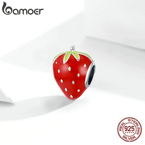 bamoer Silver Lovely Strawberry Sweet Fruit Red Enamel 925 Sterling Silver Charm Pendant for Original Bracelet Bangle SCC1839