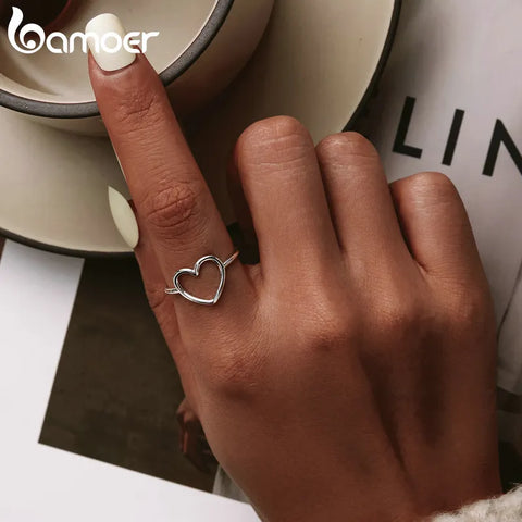 BAMOER Sterling Silver 925 Simple Minimalist Heart Finger Rings for Women Wedding Engagement Statement Jewelry SCR641