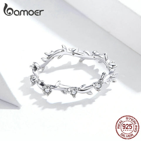 bamoer Stackable Finger Rings for Women 925 Sterling Silver Flower Branch Vine Ring CZ Statement Jewelry Female Bague SCR625