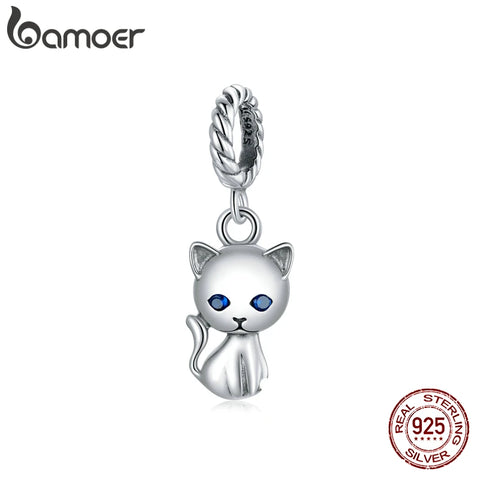 bamoer Genuine 925 Sterling Silver Cute Cat Animal Charm Pendant fit Original Bracelet &Bangle DIY Jewelry Making SCX122