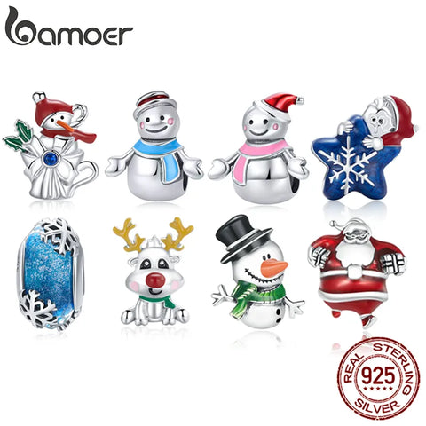bamoer 925 Sterling Silver Cute Snowman Beads Christmas Tree Pendants Snowflake Charms Fit Women Bracelet & Bangle Party Gift