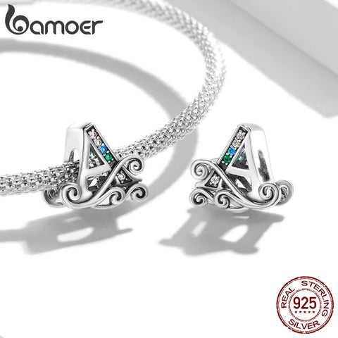 bamoer Funny 925 Sterling Silver DIY Letter Alphabet Metal Beads fit for Original Silver 925 Bracelet Heart Pattern Charms DIY