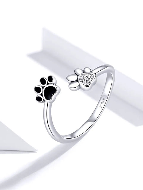 Bamoer 925 Sterling Silver Black Dog Paw Open Ring Zircon Cute Footprint Adjustable Finger Ring for Women Fine Jewelry SCR605