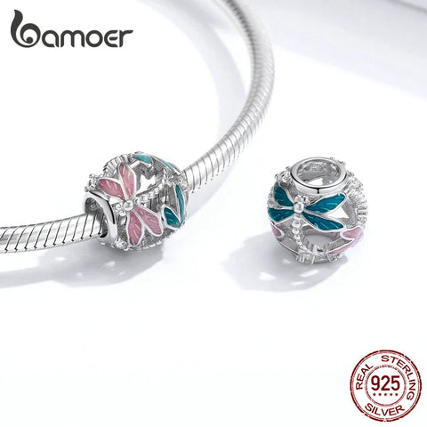 bamoer 925 Sterling Silver Dragonfly Openwork  Round Beads for Jewelry Making Charmf for Original Bracelet Bijoux BSC198