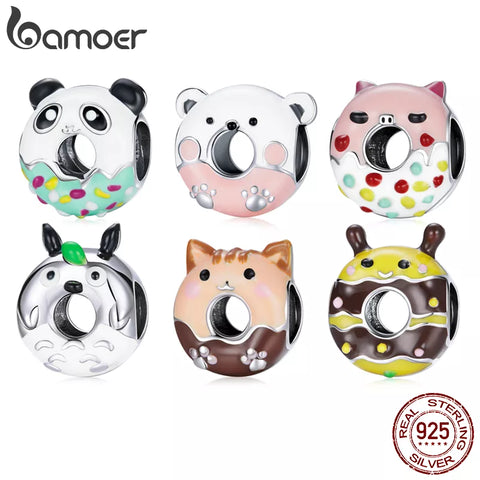 bamoer 925 Sterling Silver Lovely Enamel Animal Panda Bear Kitty Cat Bee Piglet Chinchilla Sloth Owl Donut Bead Charm SCC1875