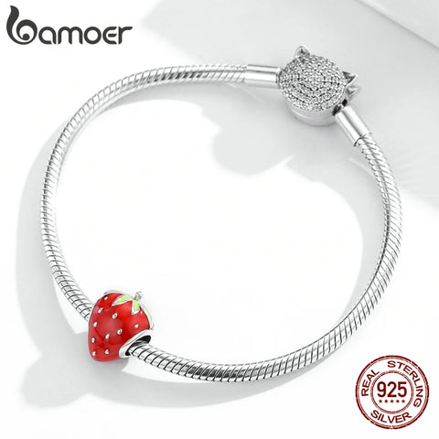 bamoer Silver Lovely Strawberry Sweet Fruit Red Enamel 925 Sterling Silver Charm Pendant for Original Bracelet Bangle SCC1839