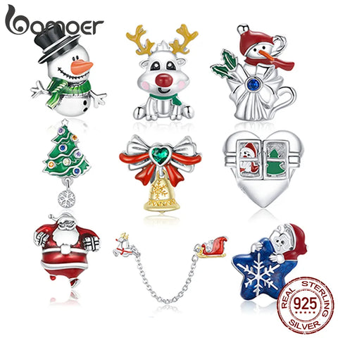 bamoer 925 Sterling Silver Santa Claus Little Snowman Merry Christmas Charm for Original Bracelet Silver 925 Jewelry Accessories