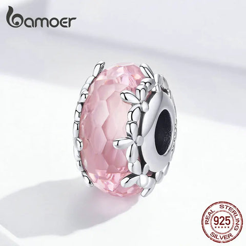 bamoer Cutting Murano Beads for Women Charm Bracelet or Bangle Genuine 925 Sterling Silver Flower Charm Fashion Jewelry SCC1282