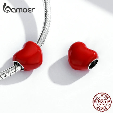 bamoer 925 Sterling Silver Enamel Red Heart Charm Monochrome Blue Pink Bead for Original Bracelet Bangle Women Fine DIY Jewelry