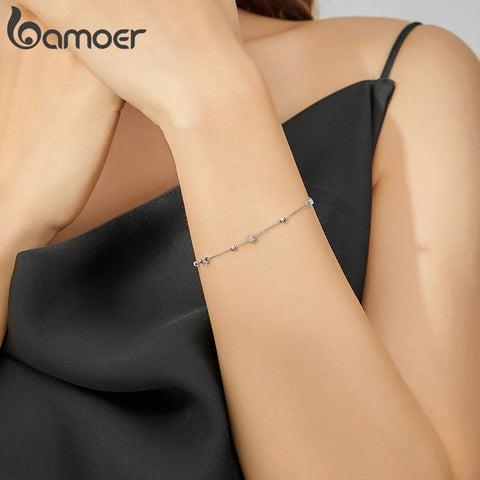 bamoer Genuine 925 Sterling Silver Heart and Star Beads Chain Bracelet Female Fashion Silver 925 Jewelry Accessories SCB171