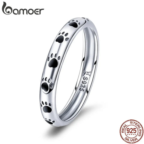 BAMOER 925 Sterling Silver Stackable Dog Cat Footprints Finger Rings for Women Wedding Ring Jewelry Valentine's Day GIFT SCR445