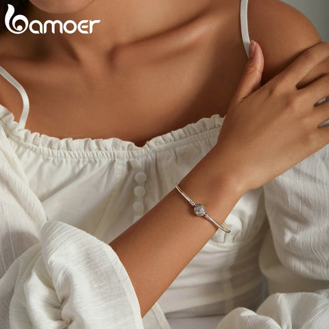bamoer New Arrival Authentic 925 Sterling Silver Dazzling Butterfly Simple Basic Bangle Bracelet for Women Silver Jewelry Gift