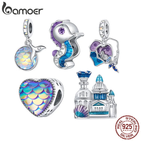 bamoer 925 Sterling Silver Enamel Marine Life Charm Mermaid Sea Horse Fishtail Scale Shell Heart Scaly Bead Castle Charm BSC428