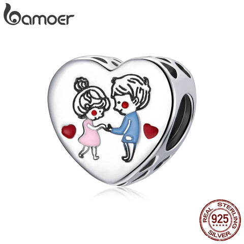 bamoer Shining Heart Lovers Metal Beads Sterling Silver 925 Charm for Original Bracelet DIY Jewelry Valentine's Day Gifts