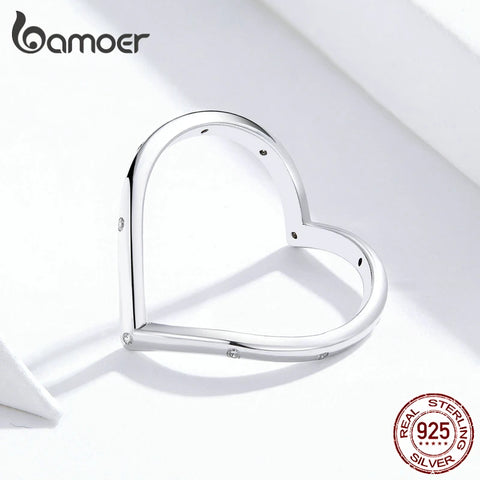 bamoer Authentic 925 Sterling Silver Heart Finger Rings for Women Minimalist Simple Ring for Wedding Engagement Jewelry SCR622