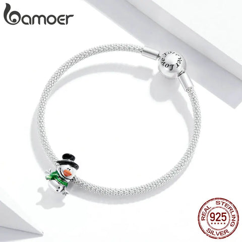 bamoer 925 Sterling Silver Santa Claus Little Snowman Merry Christmas Charm for Original Bracelet Silver 925 Jewelry Accessories