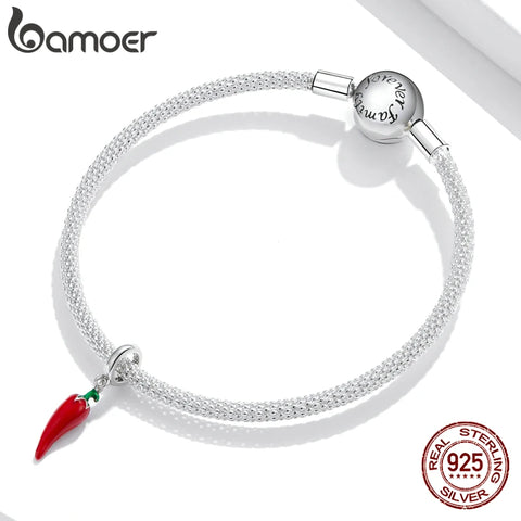 bamoer 925 Sterling Silver Petite Little Pepper Red Plant Charm Pendant for Original Bracelet Bangle Women Child Gift BSC461