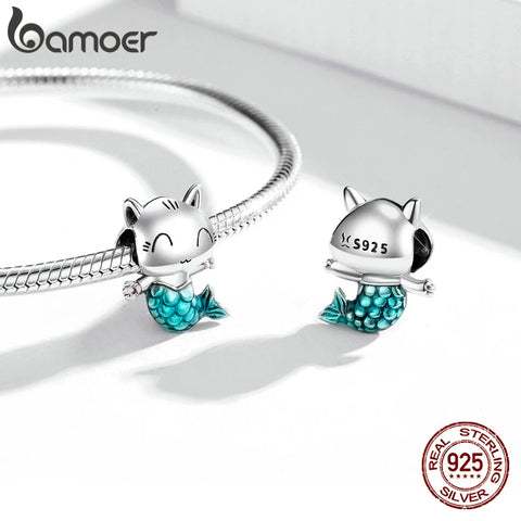 bamoer 925 Sterling Silver Kitty Mermaid Charm Blue Enamel Bead Pendant for Original Bracelet Bangle DIY Making for Girl SCC1852