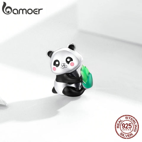 bamoer Silver Animal Cute Panda Cub with Bamboo 925 Sterling Silver Charm Pendant for Original Bracelet Bangle Women SCC1832