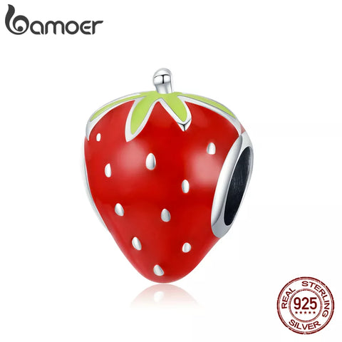 bamoer Silver Lovely Strawberry Sweet Fruit Red Enamel 925 Sterling Silver Charm Pendant for Original Bracelet Bangle SCC1839