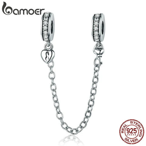 Bamoer Authentic 925 Sterling Silver Heart Lock and Key Dangle Safety Chain fit Charm Bracelet Bangle DIY Jewelry SCC606