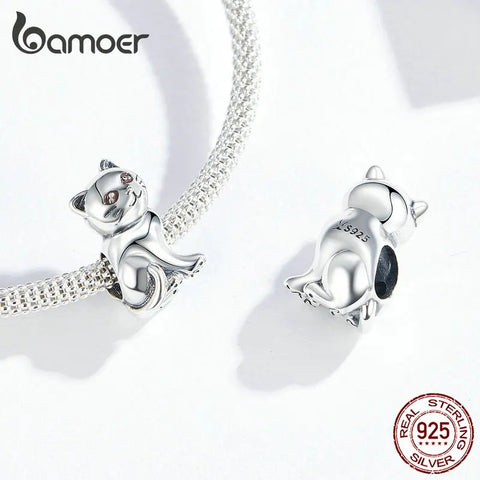 bamoer Cute Baby Cat Metal Beads Charm for Women European Luxury Bracelet 925 Sterling Silver Fashion Jewelry SCC1305