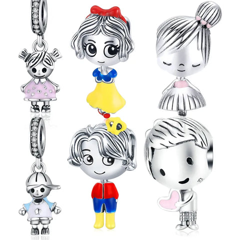 bamoer New 100% 925 Sterling Silver Couple Little Girl & Boy Pendant Charm fit Girls Charm Bracelet DIY Jewelry SCC544