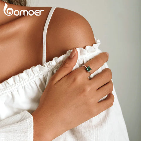 bamoer 925 Sterling Silver Green Square Gemstone Open Ring Demon Eye Crystal Moonstone Fox Ring for Women Geometric Turquoise