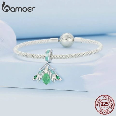 Bamoer 925 Sterling Silver Exquisite Green Enamel Bird Charms Butterfly Bead for Women Original Bracelet and Bangle Fine Jewelry