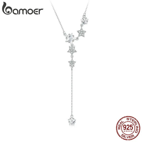 BAMOER 925 Sterling Silver Delicate Falling Stars Pendant Necklace for Women Wedding Party Dainty Fine Jewelry Gift