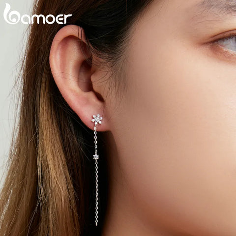 Bamoer 925 Sterling Silver Tassel Flower Ear Studs for Women Fine Jewelry Simple Bright Star Dangle Earrings Wedding Gift